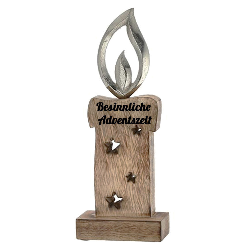 Kerze aus Holz mit silberner Flamme und Stern Motiv 27cm