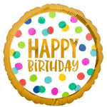 Folienballon, Heliumballon, Gasballon, runder Ballon, Happy Birthday, bunter Ballon, goldener Rand, Geburtstagsgeschenk , bunte Punkte, bunte Geburtstagsdekoration