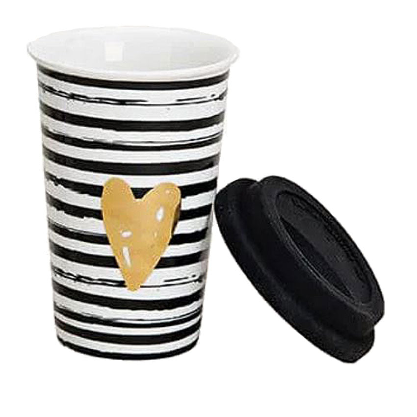 Kaffeebecher To Go Porzellan schwarz weiß mit Silikondeckel 300ml