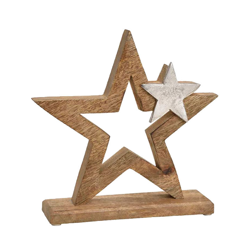 Holz Stern Deko mit Metall Dekor 24cm mit Holzsockel