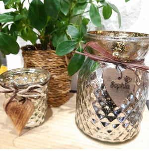 Windlicht Glas silber 9cm mit Herzanhänger