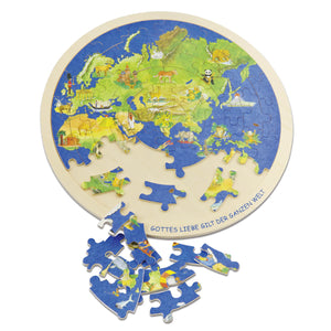 Holzpuzzle - Weltkugel  "Gottes Liebe gilt der ganzen Welt"
