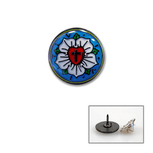 Lutherrose Anstecker aus Metall 1,5 cm mit Karte zur Erklärung der Symbolik