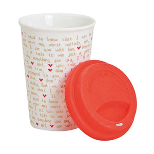 Becher To Go aus Porzellan "Love" weiß mit rotem Deckel