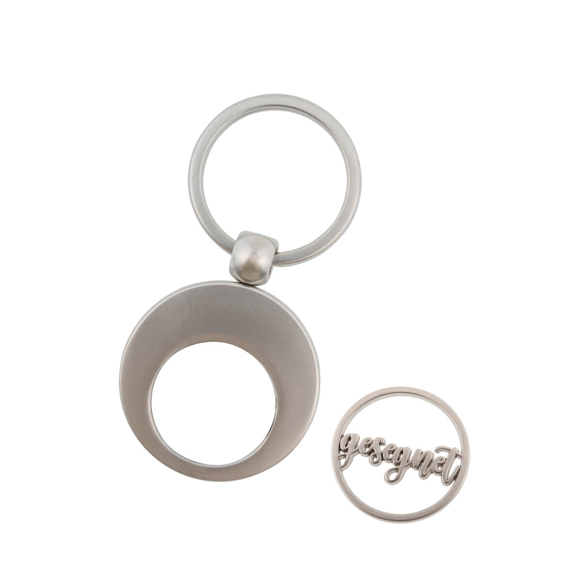 Einkaufswagenchip Schlüsselanhänger "gesegnet" aus Metall, matt 7cm