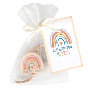 Schlüsselanhänger Holz Regenbogen "Unter Gottes Schutz" 4cm