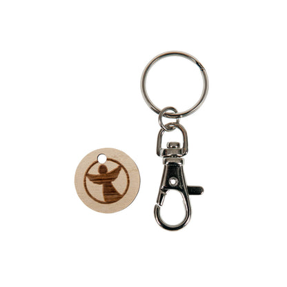 Schlüsselanhänger mit Karabiner und Holz Einkaufswagenchip ENGEL