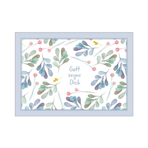 Postkarte "Gott segne dich" blau-grünes Blättermotiv