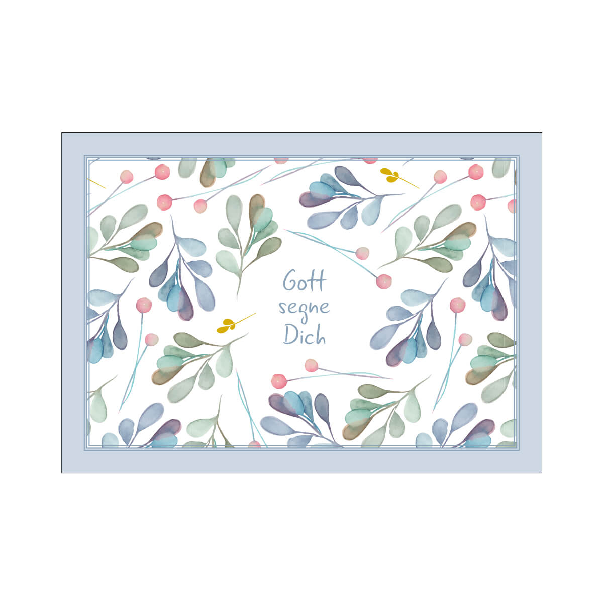 Postkarte "Gott segne dich" blau-grünes Blättermotiv
