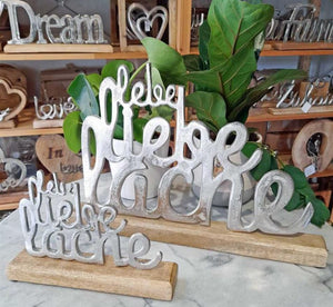 Lebe Liebe Lache Schriftzug aus Metall und Holz 23cm 45307