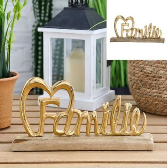 Wohnzimmer Deko gold Schriftzug Familie mit Herz 32cm auf Holzsockel