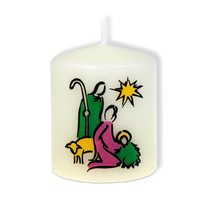 Kerze "farbenfrohes Krippenmotiv" 6cm