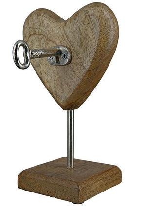 Herz mit Schlüssel auf Stab 24cm Holz und Metall, braun silber