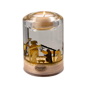 Teelichthalter aus Glas mit Krippenszene aus Metall 10cm