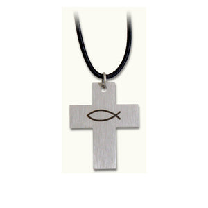 Kette Kreuz aus Edelstahl mit Ätzung Fisch