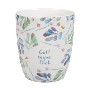 Tasse "Gott segne Dich" blau-grünes Blättermotiv