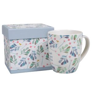 Tasse "Gott segne Dich" blau-grünes Blättermotiv