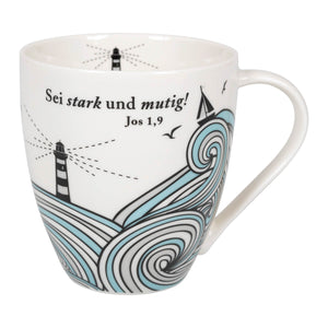 Tasse "Sei stark und mutig" Design Leuchtturm, mit Geschenkbox