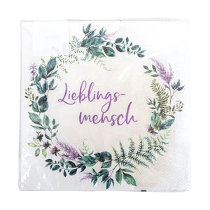 Motivservietten Vintage Lieblingsmensch 20Stk mit Vintage Blumenkranz grün und lila