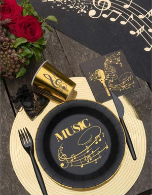 Schwarze Pappteller mit Motiv "Music" in glänzendem Gold