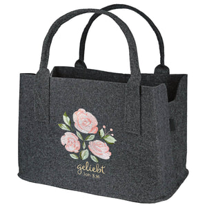 Filz Einkaufstasche mit Rosenstickerei und Schriftzug „geliebt“, Dunkelgrau, 40 x 26 x 20 cm