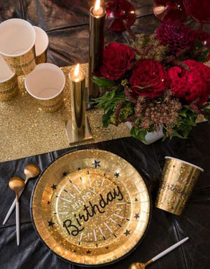 Geburtstag Teller "Happy Birthday" holo Gold mit Sternen gold