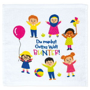 Gepresstes Zauber Handtuch Regenbogen "Du machst Gottes Welt bunter"