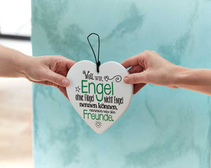Keramikherz mit Spruch "Freunde sind Engel ohne Flügel"