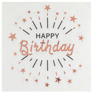 Servietten Happy Birhtday weiß mit metallic Druck rosegold