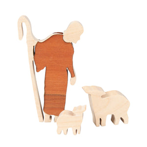 Krippenset aus Holz - Hirte mit Schäfchen