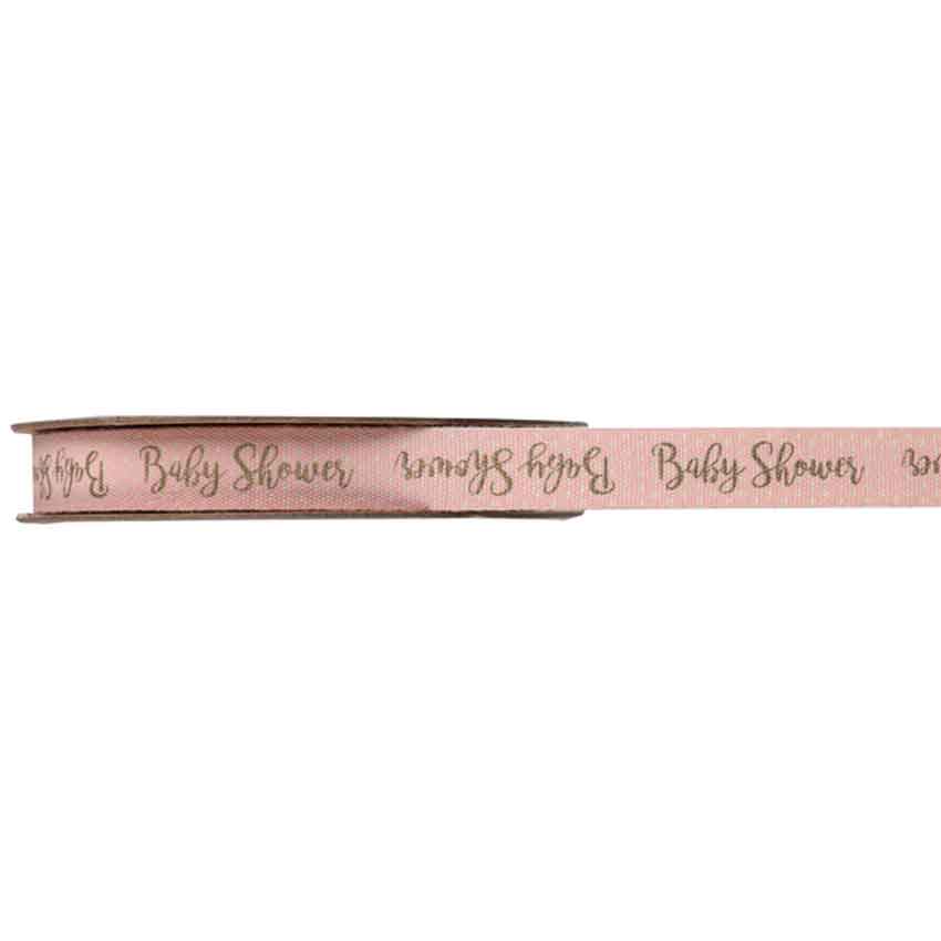 Baumwollband 10mm x 3m Schrifzug "Baby Shower" rosa golden