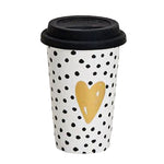 Coffee To Go Becher Porzellan schwarz weiß mit Silikondeckel 300ml Punkte Muster