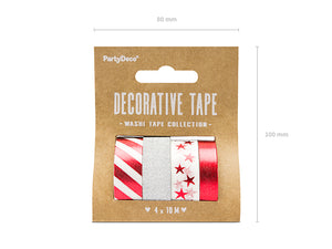 Washi Tape selbstklebend 4 Rollen rot weiß silber