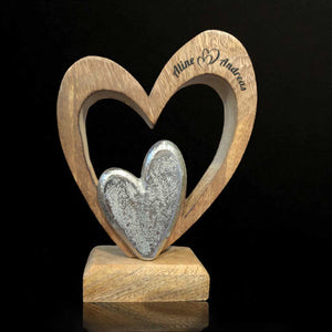 Deko Herzen aus Holz und Metall 13x17cm personalisiertes Geschenk
