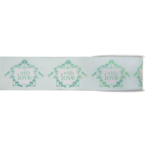 Dekoband mit Draht Motiv "with love" 40mm x 5m mint/weiß