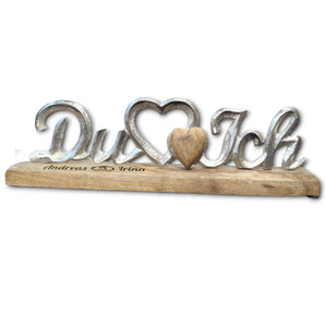 Du und Ich Deko Schriftzug 33cm mit großem Metallherz und kleinem Holzherz