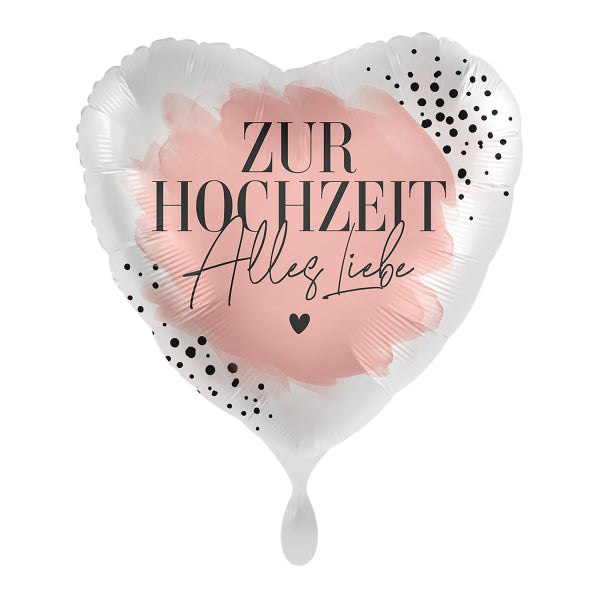 Folienballon Herz weiss/rosa mit schwarzen Punkten "Zur Hochzeit alles Liebe"