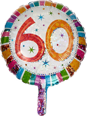 Folienballon mit Motiv bunte Streifen, Sterne Zahl 60