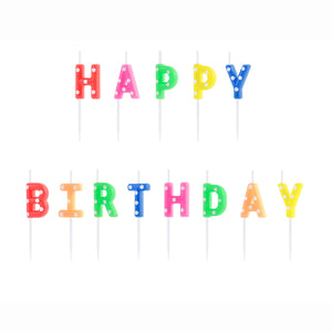 Geburtstagskerzen Happy Birthday für Kuchen bunt gemischt mit weißen Punkten