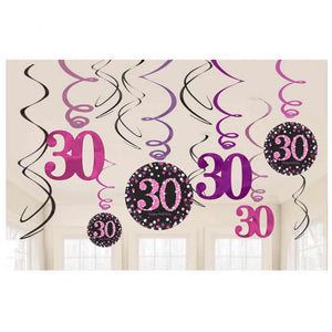 Glamour Pink Swirl mit Jubiläums-Zahl 30, 12er-Set