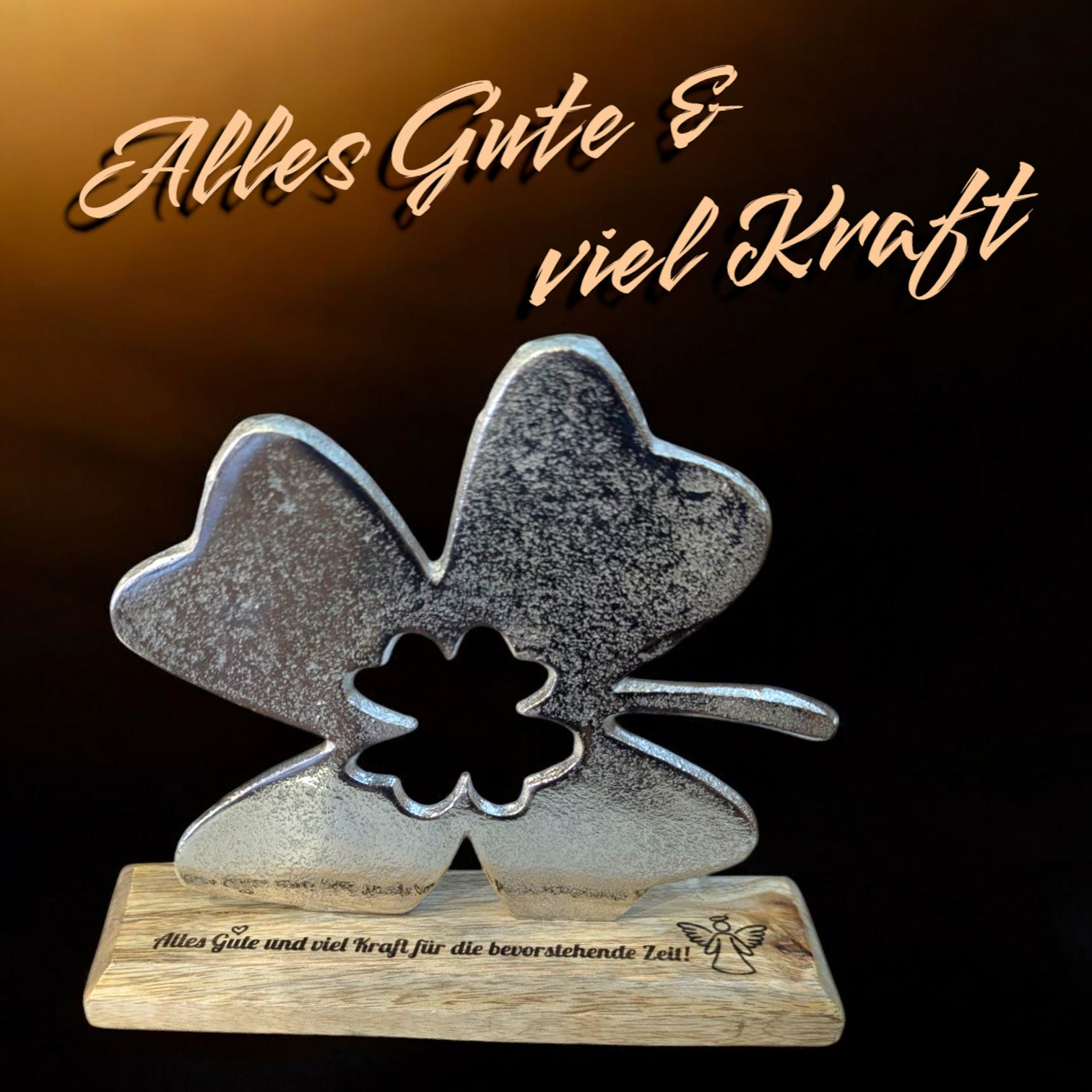 Graviertes Deko Kleeblatt mit Wunschtext 15x15,5x5 cm personalisiertes Geschenk Viel Kraft