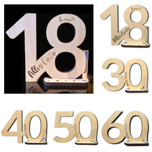 Große Holz-Zahl XL mit Namensgravur, Ständer und Glas-Vase