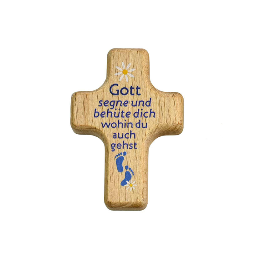 Handschmeichler Kreuz aus Buchenholz mit Namensgravur 4 x 6 cm füße blau