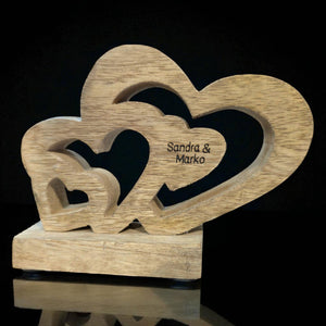 Herz Ensemble auf Holzfuß mit zwei Namen, 15 cm