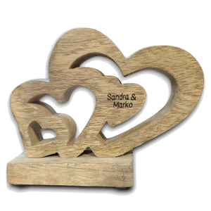 Herz Ensemble auf Holzfuß mit zwei Namen, 15 cm
