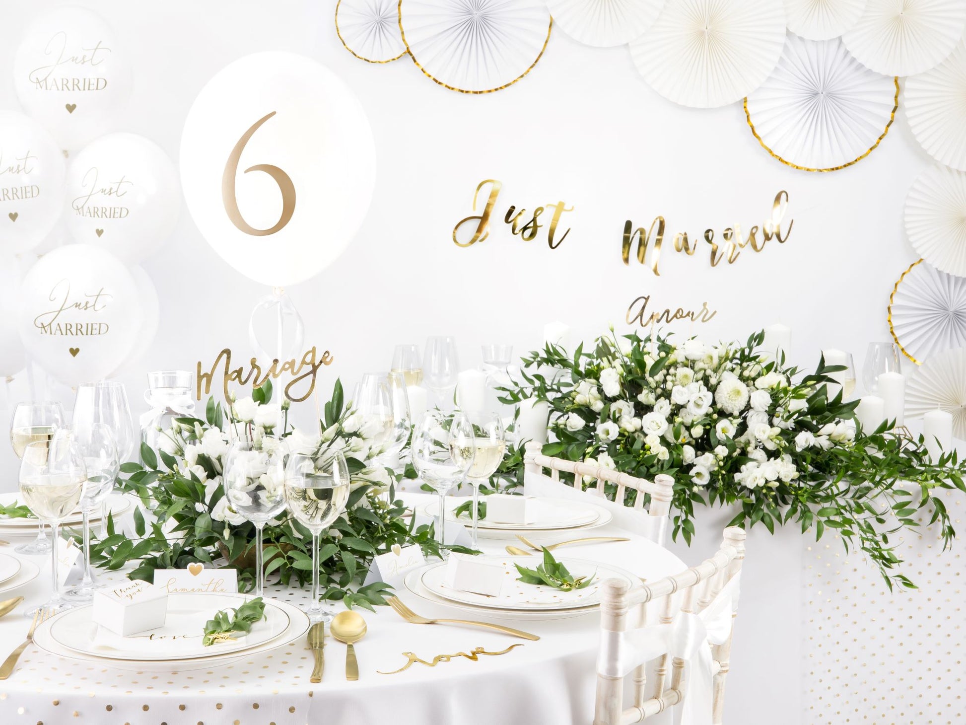 Hochzeitsballone "Just Married" weiß mit gold 6 Stück