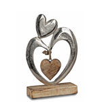 Holz Metall Deko silberne Herzen mit freischwingendem Holzherz 22cm
