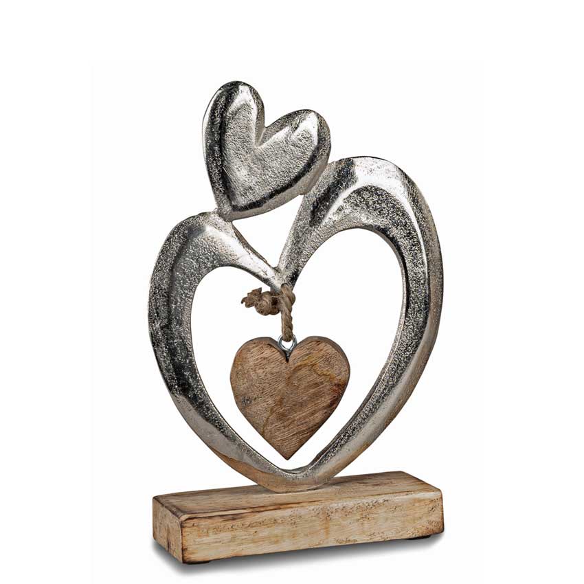 Holz Metall Deko silberne Herzen mit freischwingendem Holzherz 22cm
