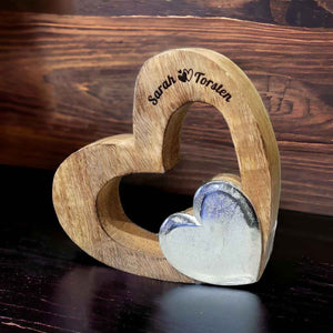 Holzherz mit Metallherz 18x18 cm mit Gravur  personalisiertes Geschenk | Hochzeitsgeschenke Partnergeschenke