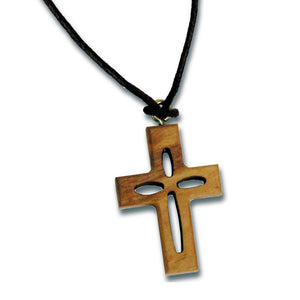 Holzkreuz Halskette mit braunem Band, Kreuzanhänger 4 x 3 cm, längenverstellbar, 70 cm